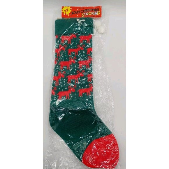 Christmas Stocking 22" Knitted Artmark 1987 Reindeer Green Red Pom Poms Read - Picture 1 of 5